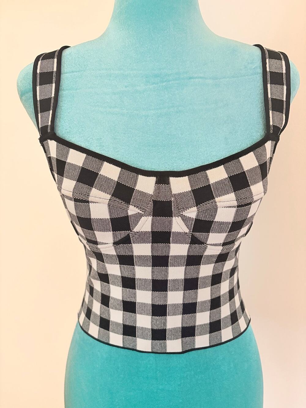 Ronny Kobo Gingham Corset Bustier Crop Top Black White Coquette checkered